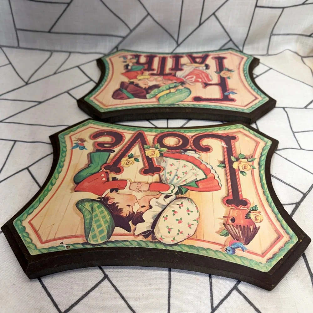 Vintage Wood Wall Plaques Set of 2 Love Faith 11x8.5 Multicolor Cottagecore Art